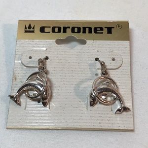 Coronet dolphin earrings in silver tone, 1/2 inch length